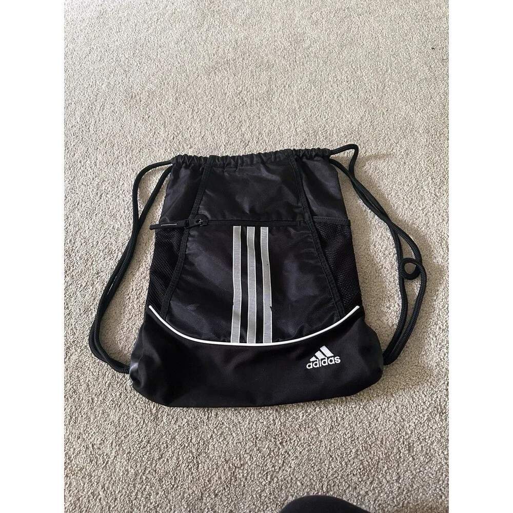 Adidas Black Cinch Bag Drawstring Backpack Gym Sports Workout Bag Zipper Pocket